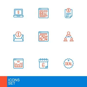 Set line Deal, Calendar, Browser with stocks market, Employee hierarchy, En.. Stock Illustration