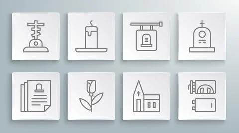 Set line Death certificate, Burning candle, Flower rose, Church building Ilustración de archivo