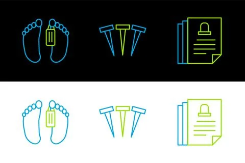 Set line Death certificate, Dead body and Metallic nails icon. Vector Stock Illustration
