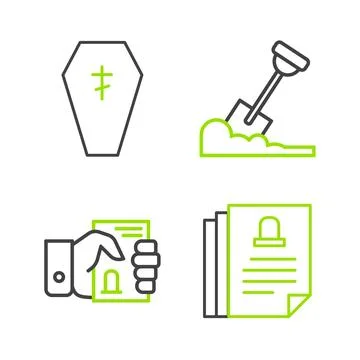 Set line Death certificate, in hand, Shovel the ground and Coffin with cros.. Stock Illustration