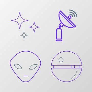 Set line Death star, Alien, Radar and Falling icon. Vector Stock Illustration