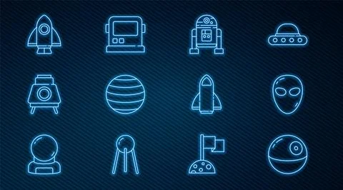 Set line Death star, Alien, Robot, Planet Venus, Mars rover, Rocket ship,  .. Stock Illustration