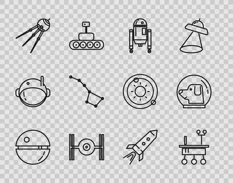 Set line Death star, Mars rover, Robot, Cosmic ship, Satellite, Great Bear .. Stock Illustration