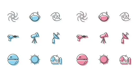 Set line Death star, Sun, Black hole, Astronaut helmet, Telescope, Radar, R.. Stock Illustration