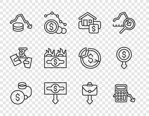 Set line Debt ball chained to coin, Calculation of expenses, Hanging sign with Stock Illustration