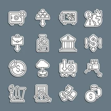 Set line Debt ball chained to coin, Shutdown of factory, Dollar rate decrease Stock Illustration
