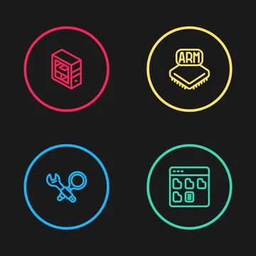 Set line Debugging, Browser files, Processor and Computer icon. Vector 스톡 일러스트