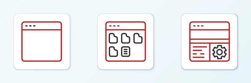 Set line Debugging, Browser window and files icon. Vector Illustrazione stock