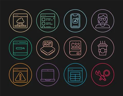 Set line Debugging, Coffee cup to go, Mobile Apps, Processor, Search engine Stock Illustration