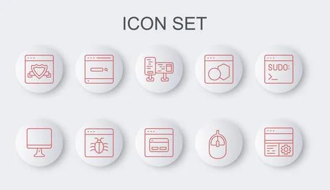 Set line Debugging, Computer monitor screen, mouse, Browser with shield, Search 스톡 일러스트
