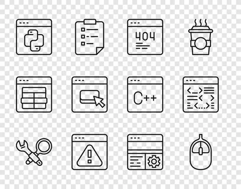 Set line Debugging, Computer mouse, Page with a 404 error, Browser exclamation Stock Illustration