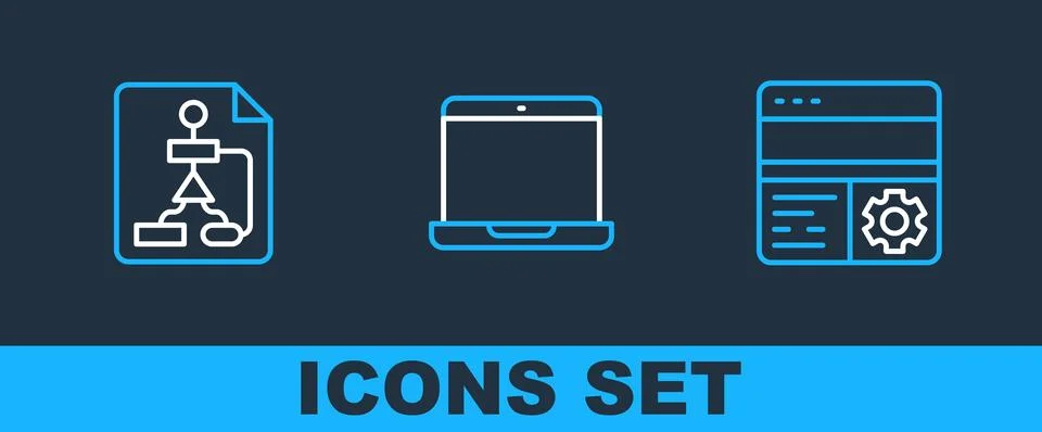 Set line Debugging, Flowchart and Laptop icon. Vector Stock Illustration