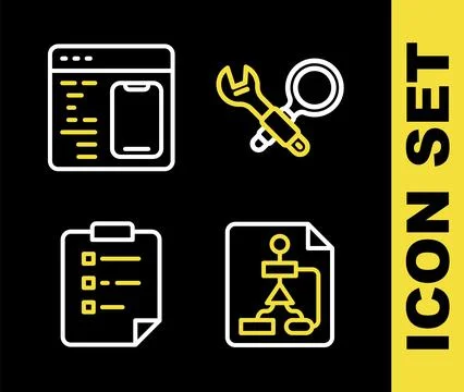 Set line Debugging, Flowchart, Clipboard with checklist and Software icon. .. Stock Illustration