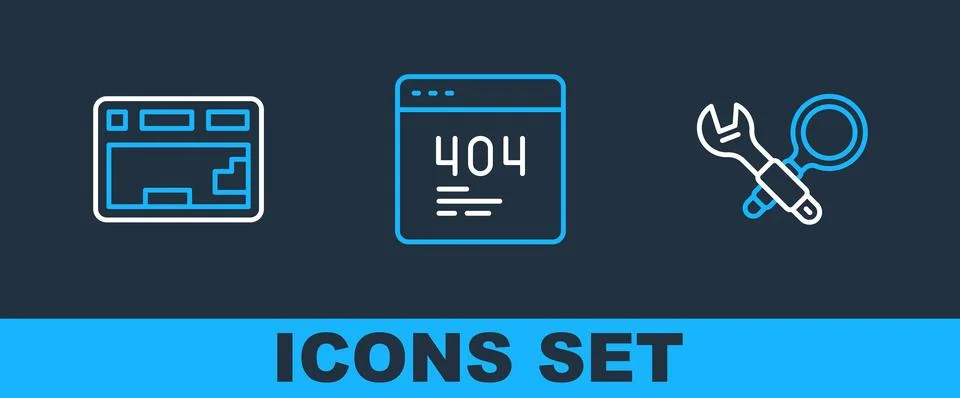 Set line Debugging, Keyboard and Page with 404 error icon. Vector Stock Illustration