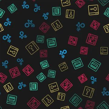 Set line Debugging, Search engine, Software and  on seamless pattern. Vector Illustrazione stock