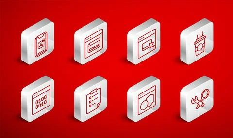 Set line Debugging, Search engine, Browser files, Coffee cup to go, Software Stock Illustration