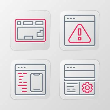 Set line Debugging, Software, Browser with exclamation mark and Keyboard icon Stock Illustration
