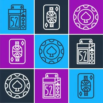 Set line Deck of playing cards, Casino chips and King playing card with diamonds Stock Illustration