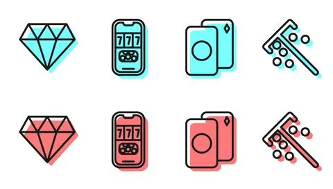 Set line Deck of playing cards, Diamond, Casino poker tournament invitation and Stock Illustration