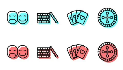 Set line Deck of playing cards, Poker player, Casino chips and Casino roulette Stock Illustration