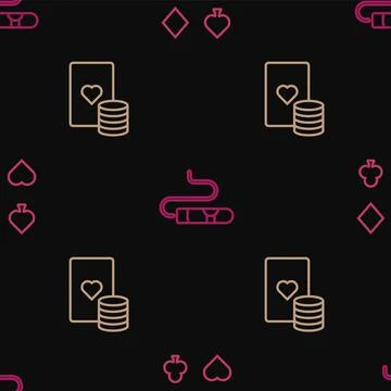 Set line Deck of playing cards, Casino chip and and Cigar on seamless pattern Stock Illustration
