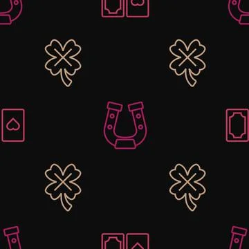 Set line Deck of playing cards, Casino slot machine with clover and Horseshoe on Illustrazione stock