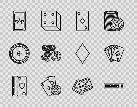 Set line Deck of playing cards, Playing with diamonds symbol, Casino chip and Stock Illustration