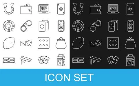 Set line Deck of playing cards, Wallet, Casino poker tournament invitation Stock Illustration