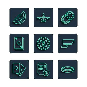 Set line Deck of playing cards, Lottery ball on bingo, Casino chips, Playing Stock Illustration
