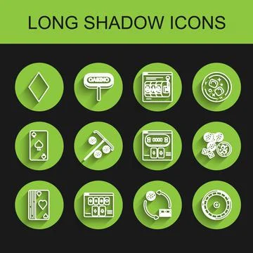 Set line Deck of playing cards, Playing with diamonds symbol, Casino chips Stock Illustration