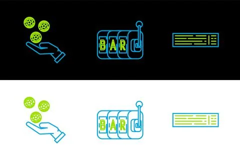 Set line Deck of playing cards, Hand holding casino chips and Slot machine icon Stock Illustration