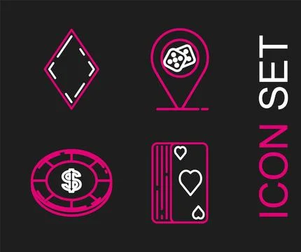 Set line Deck of playing cards, Casino chip with dollar symbol, location and 스톡 일러스트