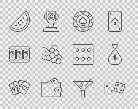 Set line Deck of playing cards, Game dice, Casino chips, Wallet with money, slot Stock Illustration