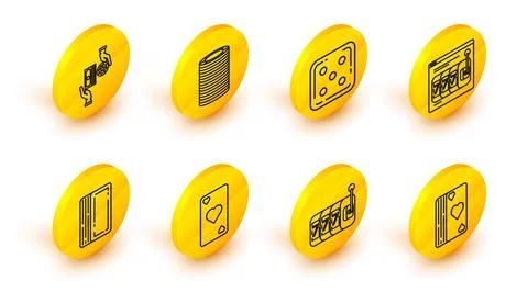 Set line Deck of playing cards, Slot machine with lucky sevens jackpot, Playing Stock Illustration