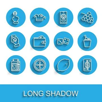 Set line Deck of playing cards, Casino roulette wheel, Hand holding casino .. Stock Illustration