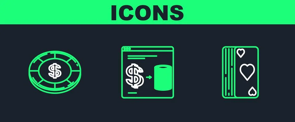 Set line Deck of playing cards Casino chip with dollar symbol and Online casi Stock Illustration