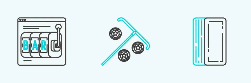 Set line Deck of playing cards, Online slot machine and Stick for chips ico.. Stock Illustration