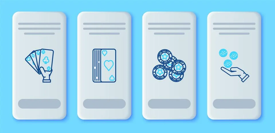 Set line Deck of playing cards, Casino chips, Hand holding and casino icon... Stock Illustration