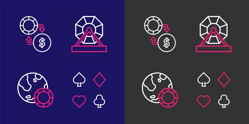 Set line Deck of playing cards, Casino chips, Lottery machine and exchange .. Stock Illustration