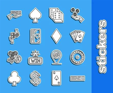 Set line Deck of playing cards, Casino roulette wheel, Playing, Game dice, .. Stock Illustration