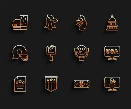 Set line Declaration of independence, American flag, Burger, Stacks paper m.. Illustrazione stock