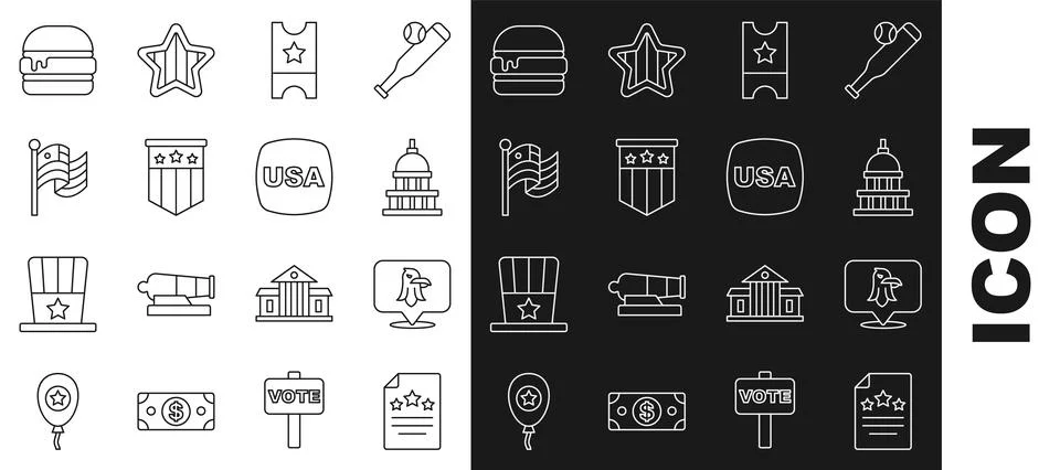 Set line Declaration of independence, Eagle, White House, Baseball ticket 스톡 일러스트