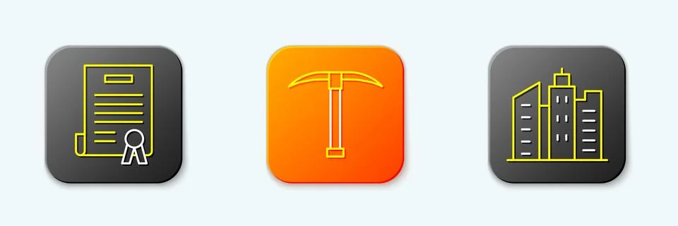 Set line Declaration of independence, Pickaxe and City landscape icon. Vector Stock Illustration