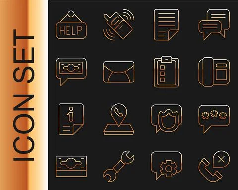 Set line Declined or missed phone call, Speech bubble chat, Telephone handset Stock Illustration