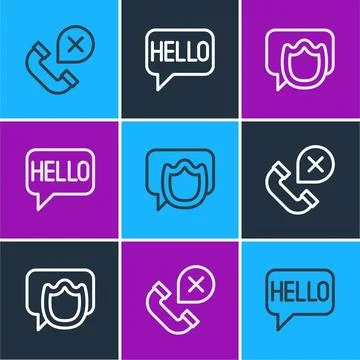 Set line Declined or missed phone call, Speech bubble chat and Hello differ.. Stock Illustration