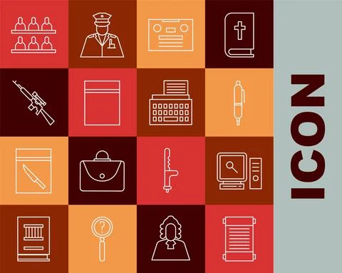 Set line Decree, paper, parchment, scroll, Search on computer screen, Pen, Retro Stock-Illustration