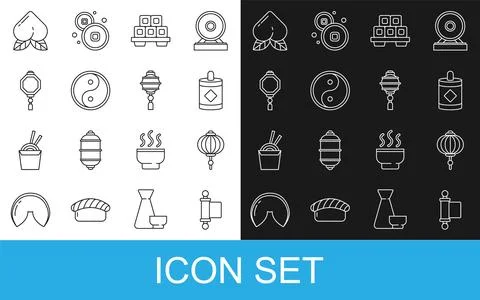 Set line Decree, paper, parchment, scroll, Chinese lantern, Firework, Sushi on Illustrazione stock