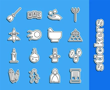 Set line Decree, paper, parchment, scroll, Magic runes, Masons, Cube levita.. Stock Illustration