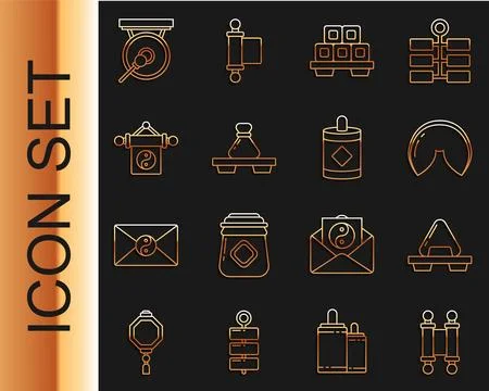 Set line Decree, paper, parchment, scroll, Sushi on cutting board, Chinese .. Illustrazione stock