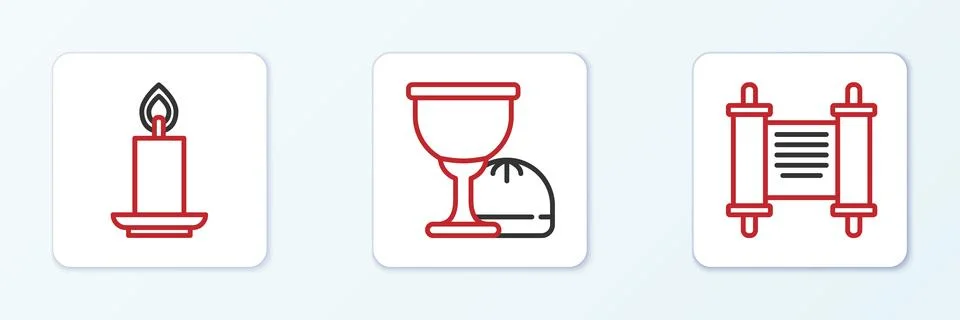 Set line Decree, paper, parchment, scroll, Burning candle and Holy grail or.. Stock Illustration